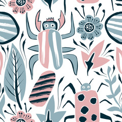 Poster - Vector Summer Seamless Pattern with Bugs and Leaves