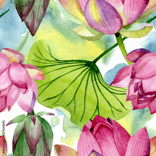 Pink lotus floral botanical flowers. Watercolor background illustration set. ...