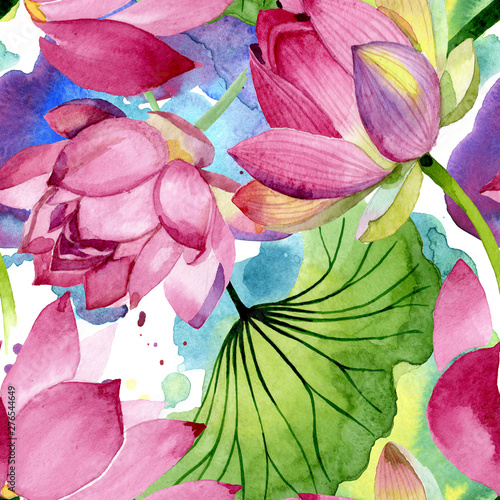 Pink lotus floral botanical flowers. Watercolor background illustration set. ...