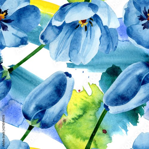 Blue tulip floral botanical flowers. Watercolor background illustration set. ...