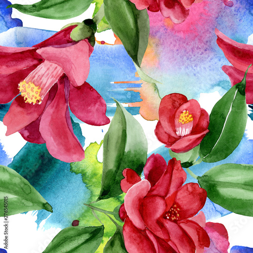 Red camelia floral botanical flower. Watercolor background illustration set. ...