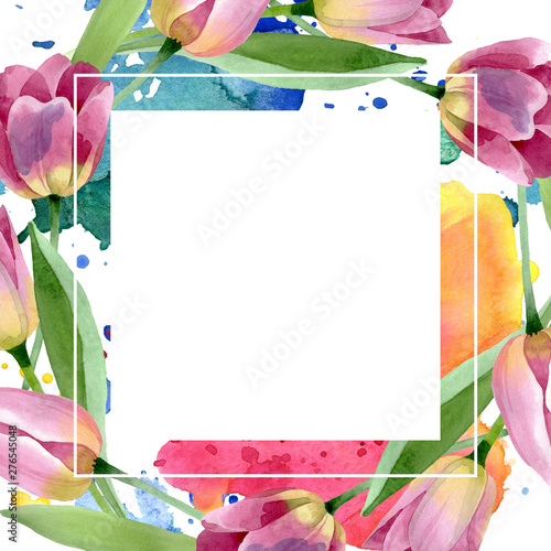 Pink tulips floral botanical flowers. Watercolor background illustration set....