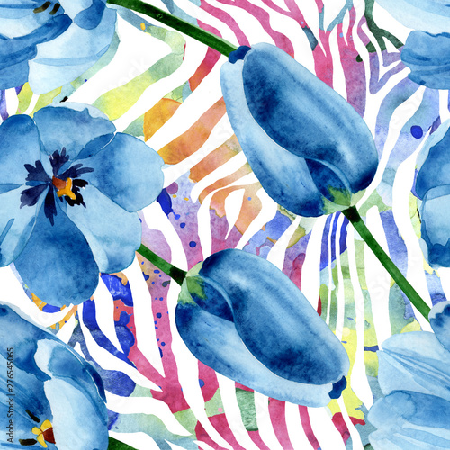 Blue tulip floral botanical flowers. Watercolor background illustration set. ...