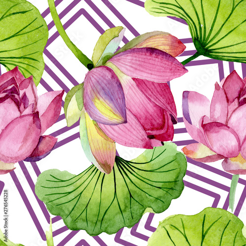 Pink lotus floral botanical flowers. Watercolor background illustration set. ...