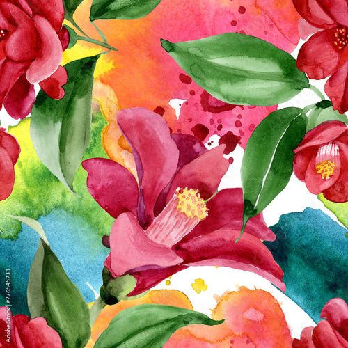 Red camelia floral botanical flower. Watercolor background illustration set. ...