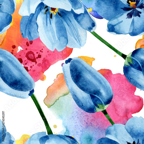 Blue tulip floral botanical flowers. Watercolor background illustration set. ...