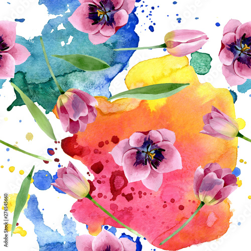 Pink tulips floral botanical flowers. Watercolor background illustration set....