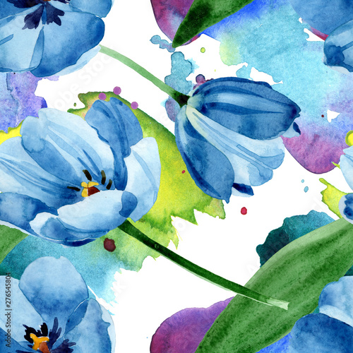 Blue tulip floral botanical flowers. Watercolor background illustration set. ...