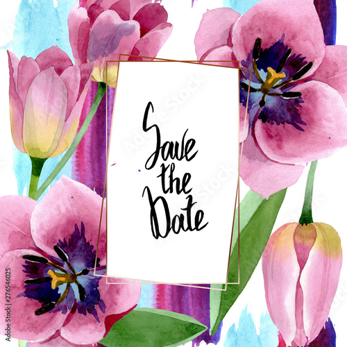 Pink tulips floral botanical flowers. Watercolor background illustration set....