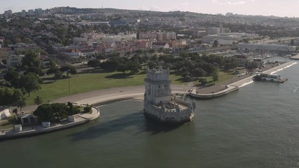 Wall Mural - Belem tower in Lisbon, Portugal, UNESCO site, 4k aerial drone view