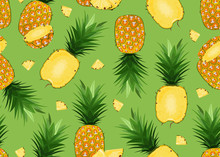 Pineapple Seamless Pattern Whole And In Longitudinal Section With Slice On Green Background. Summer Background. Ananas Fruits Vector Illustration.
