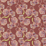 A seamless vector pattern with pink orchid flowers drawings. Surface print design.