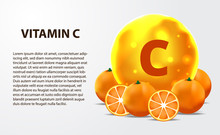 3D Sphere Molecule Gold Yellow Vitamin C For Healthcare Medical Pharmacy With Orange Fruit And Slices