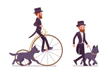 Gentleman In Black Tuxedo Jacket On Recreation Walk With Dog. High Social Rank Man, Fashionable Dandy Riding Penny Farthing Bicycle. Vector Flat Style Cartoon Illustration Isolated On White Background