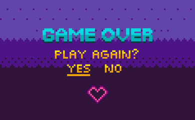 Wall Mural - Game over and question of play again, yes or no choosing link, finish level page in purple color, pixelated graphic of final video-game, interface vector, 8 bit pixel text
