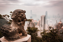 Rock Lion In The Peak Of Hong Kong Island, In Front Of The Victoria Harbour.