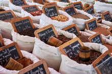 Variety Of Spices And Seasonings In Bags At The Traditional Street Market Place Des Lices In St. Tropez, France, Europe.