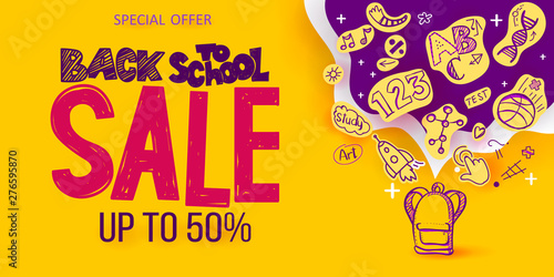 Back To School Sale Banner With Line Art Symbols Of Education