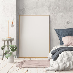 Wall Mural - Mockup bedroom interior in the Scandinavian style. 3d render. Mockup poster