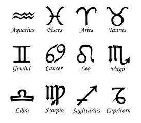 Wall Mural - Set of twelve signs of the zodiac on the background of gold circles. Prediction of the future. Vector illustration. Isolated on white background