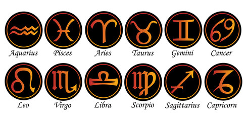 Wall Mural - Set of twelve signs of the zodiac on the background of gold circles. Prediction of the future. Vector illustration. Isolated on white background