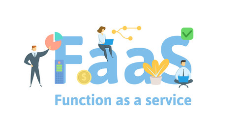  FaaS, Function as a Service. Concept with people, keywords and icons. Colored flat vector illustration. Isolated on white background.