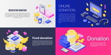 Donations Banner Set. Isometric Set Of Donations Vector Banner For Web Design