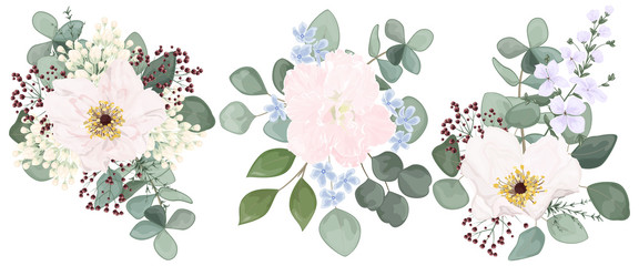 Set bouquets with leaves and flowers, watercolor, isolated on white. Vector Watercolour