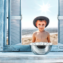 Open Blue Retro Window And Small Boy On Beach 