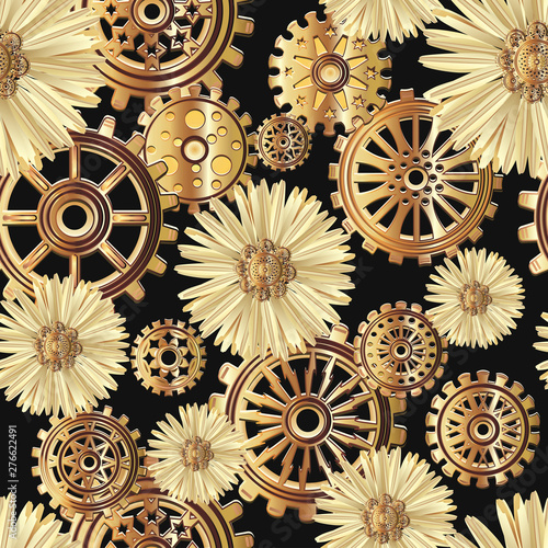 Dekoracja na wymiar  wzor-z-kwiatem-rumianku-i-kola-zebate-w-stylu-steampunk-ilustracja-wektorowa