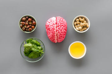 Brain food concept with peanut, hazelnut, seed-oil, spinage on gray background top view