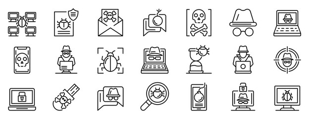 Hacker icons set. Outline set of hacker vector icons for web design isolated on white background