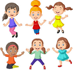 Wall Mural - Cartoon happy little girls with different pose