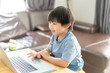 Happy asian boy in blue shirt using computer on wooden desk at home .Asian child smiling and happiness playing computer at room.