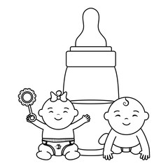 Wall Mural - cute little babies couple with milk bottle