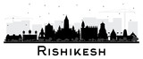 Fototapeta Boho - Rishikesh India City Skyline Silhouette with Black Buildings Isolated on White.