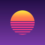 Fototapeta Zachód słońca - 80s sunset retro neon background. 90s poster electro sun space vintage grid sunset icon