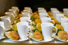 Bakery And Beverage On White Cup And Dish For Coffee Break Time Or Meal At Party, Conference, Seminar Or Convention Business.