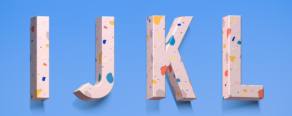 Trendy terrazzo stone texture. Font alphabet letter i, j, k, l shape with cute color details. Lettering 3d illustration for your unique typography element in several concept idea with brilliant design