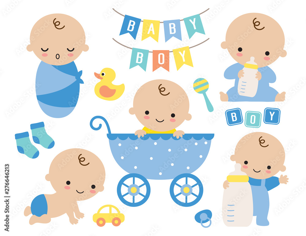 Baby boy vector illustration. Cute baby boy in a stroller and baby items such as toy, milk bottle, socks, yellow duck, pacifier, sign. - obrazy, fototapety, plakaty 