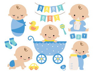 baby boy vector illustration. cute baby boy in a stroller and baby items such as toy, milk bottle, s
