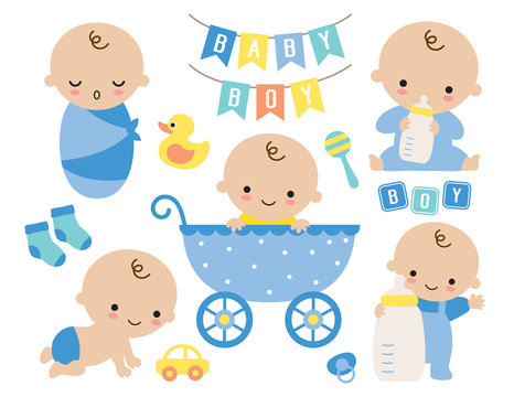 Fototapete - Baby boy vector illustration. Cute baby boy in a stroller and baby items such as toy, milk bottle, socks, yellow duck, pacifier, sign.