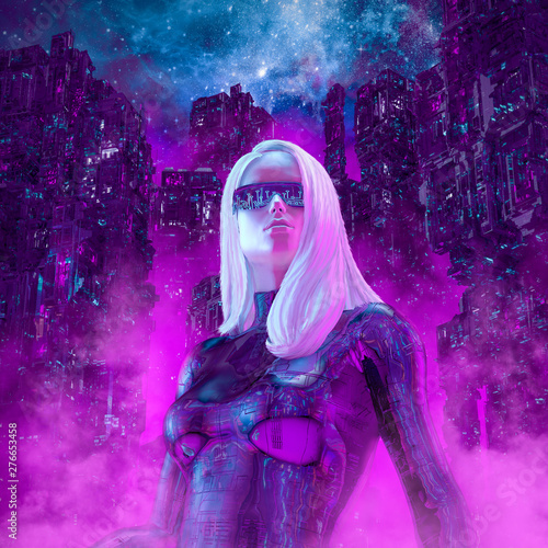 Photographie Neon night heroine / 3D illustration of beautiful blond woman with sunglasses in