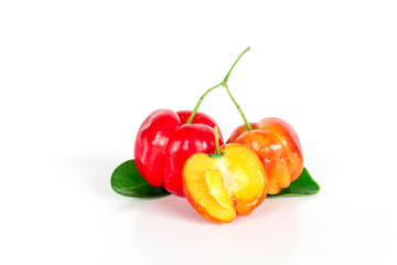 Wall Mural - Fresh Barbados cherry on white background, Isolated fruit object