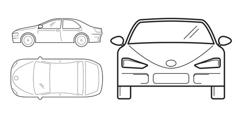 Car, line design. Top, front and side view. Vector illustration isolated on white background