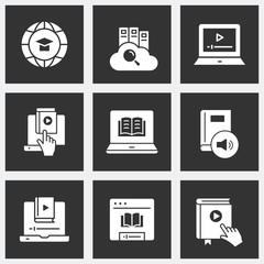 Poster - Distance education icon set on black background.