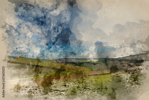 Digital Watercolor Painting Of Stunning English Countryside Landscape Across Rolling Green Hills Buy This Stock Illustration And Explore Similar Illustrations At Adobe Stock Adobe Stock