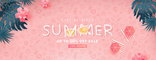 Summer Sale Design With Paper Cut Tropical Beach Bright Color Background Layout Banners .Orange Sunglasses Concept.voucher Discount.Vector Illustration Template.