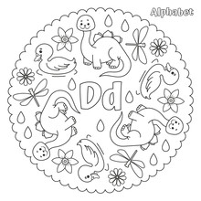 Alphabet D Letter Coloring Page Mandala With Dinosaur, Daisy, Duck, Dragonfly, Daffodil, Drops. Vector Illustration.