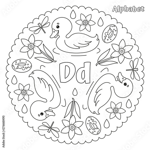 Alphabet D Letter Coloring Page Mandala With Duck Donut Dragonfly Daffodil Drops Vector Illustration Stock Vector Adobe Stock
